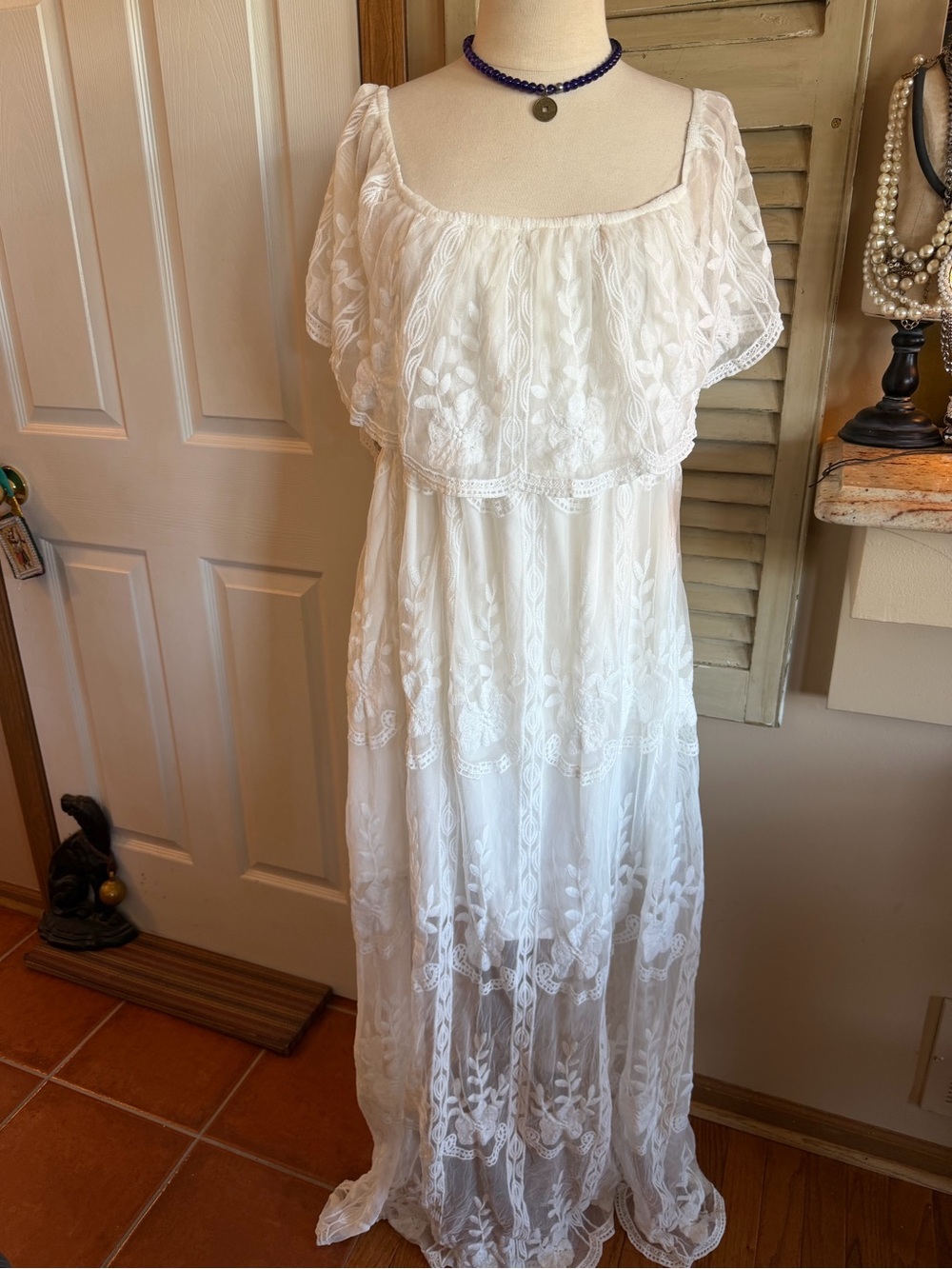 Beautiful Bohemian White Lace Maxi Dress with Off-Shoulder Ruffle